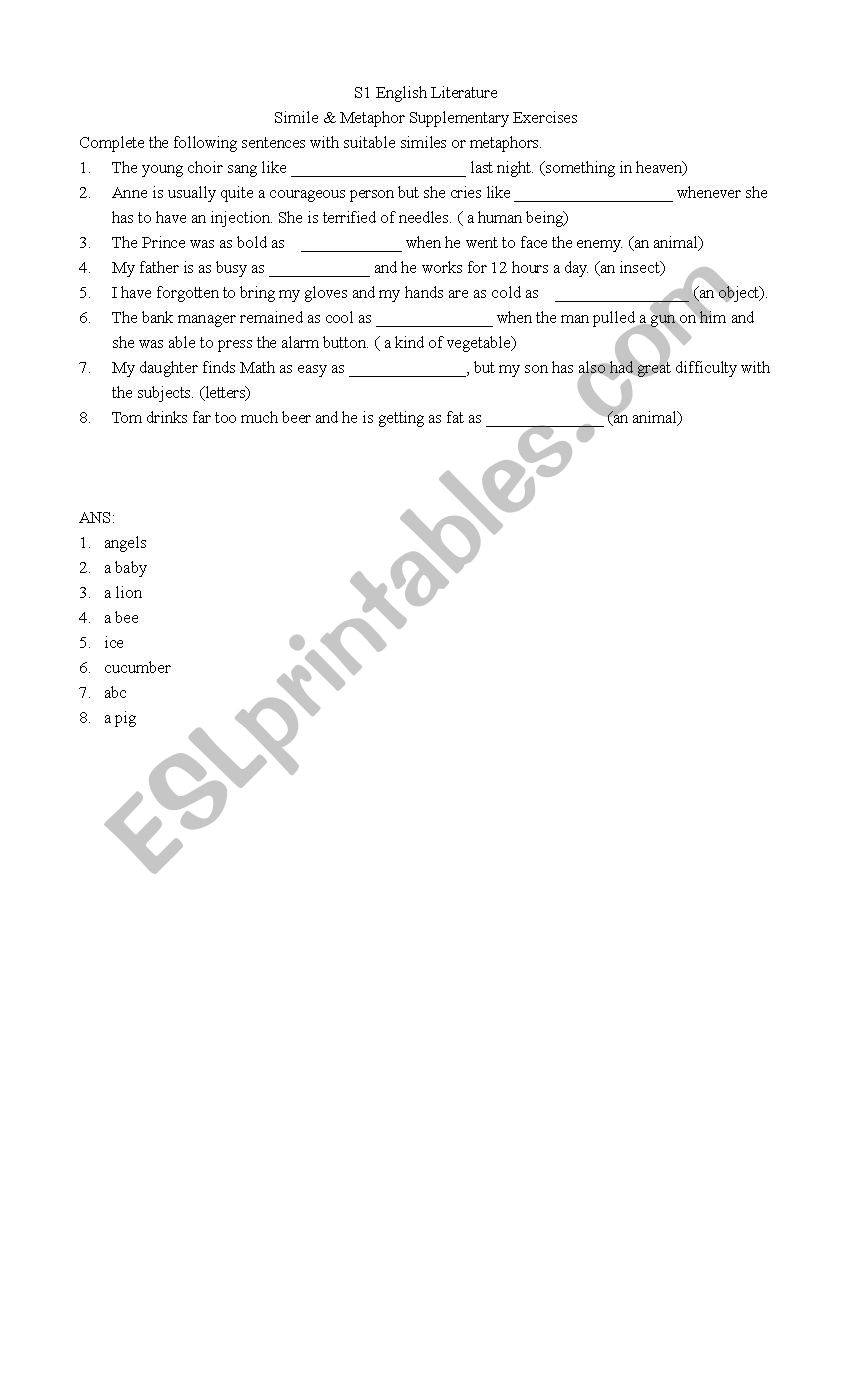 animal simile metaphor  worksheet