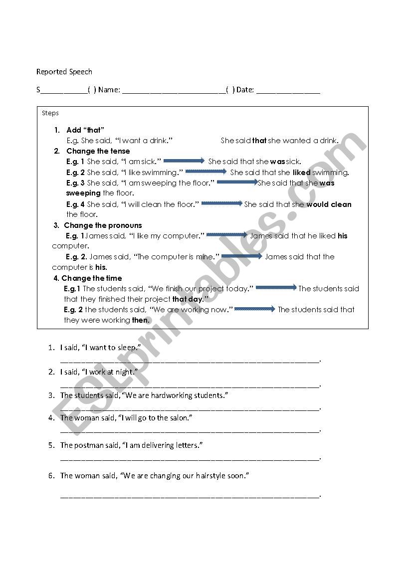 Reported Speech worksheet