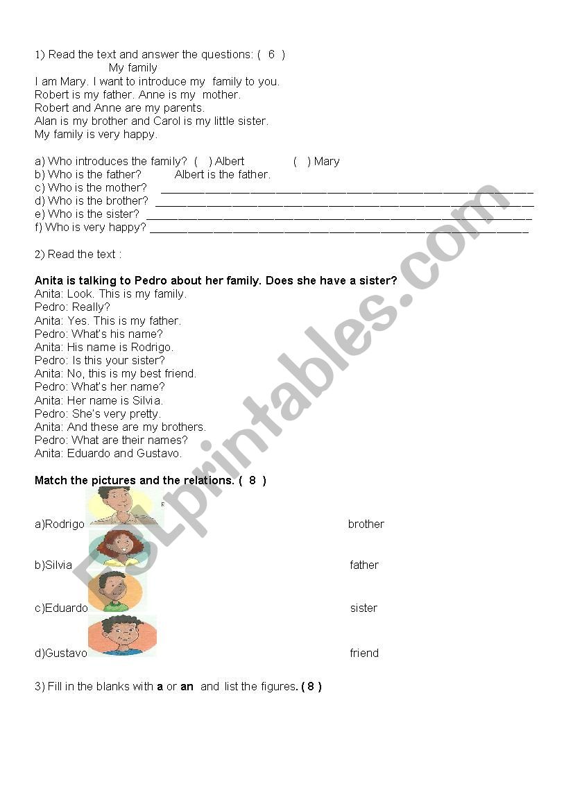 family colors and articles worksheet