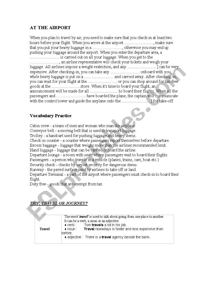 Travel Vocabulary worksheet