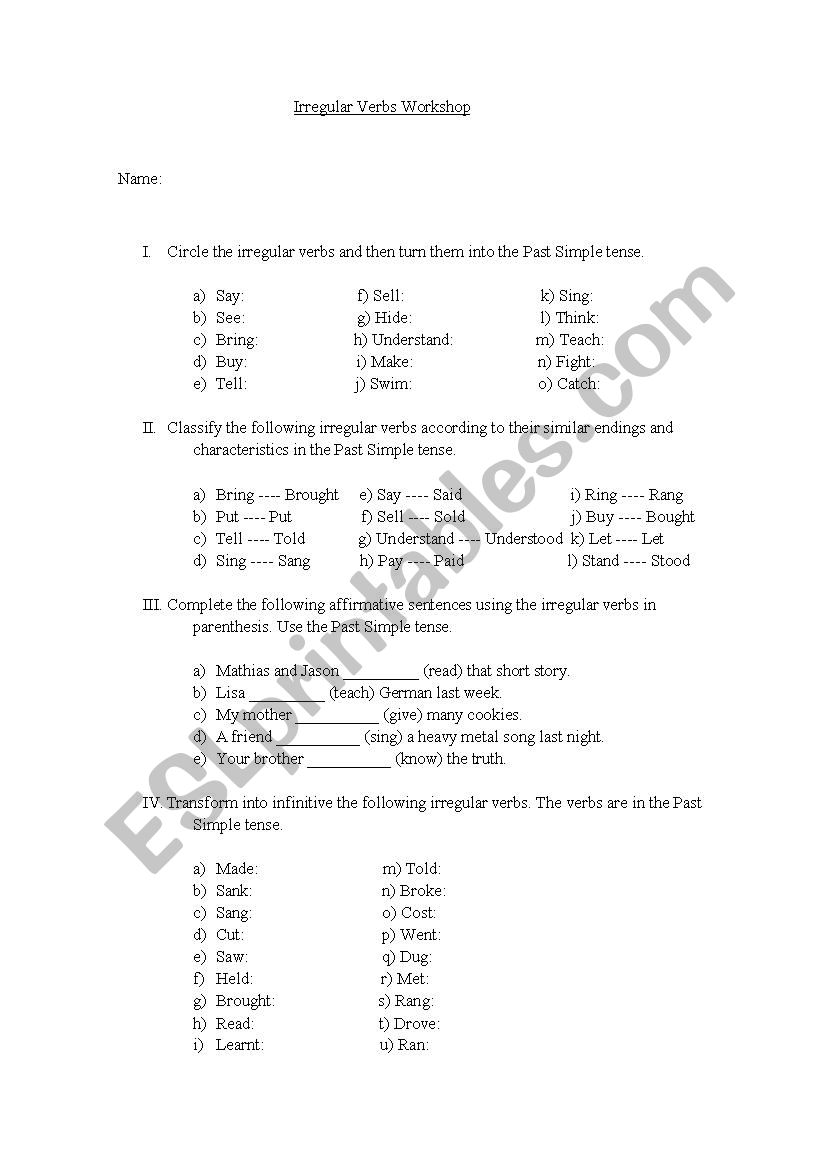 Irregular Workshop worksheet