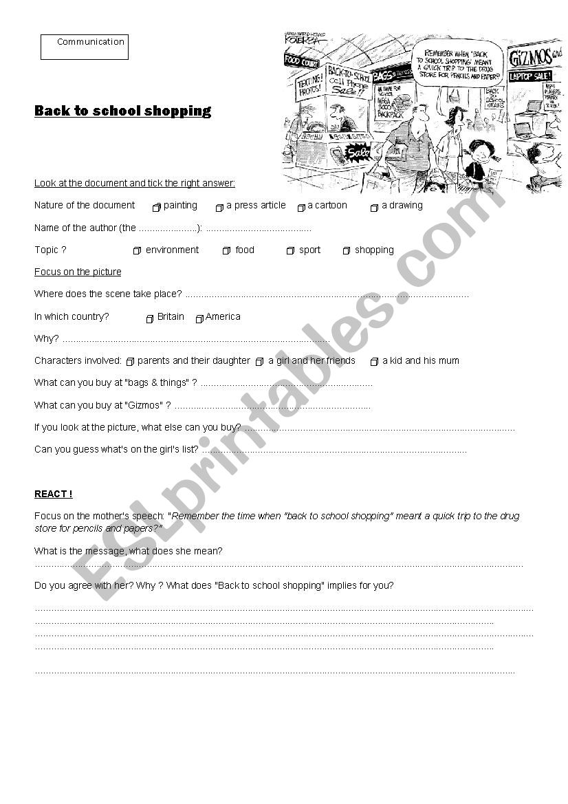 back to school shopping worksheet