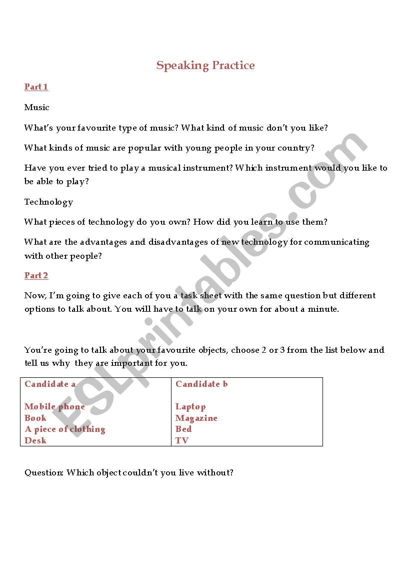 speaking worksheet