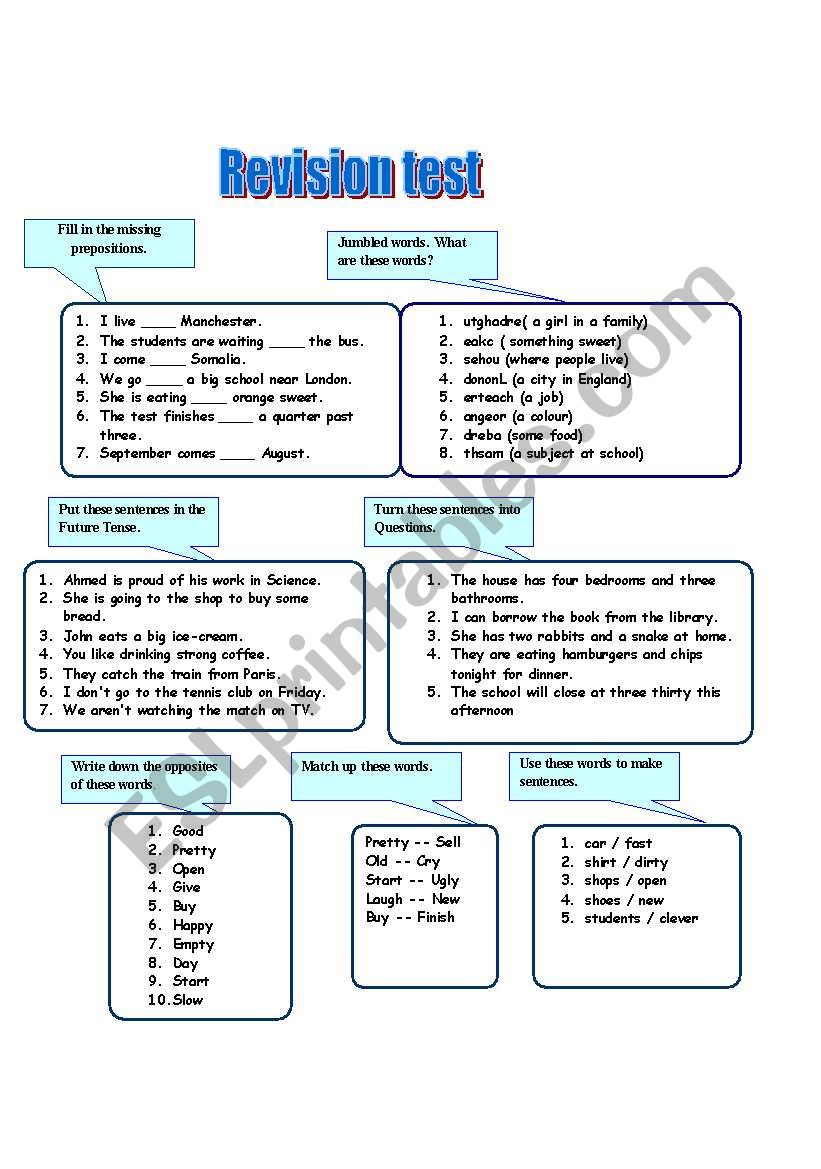 Revision test worksheet