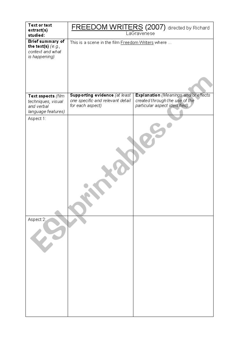 FREEDOM WRITERS Text Aspects worksheet