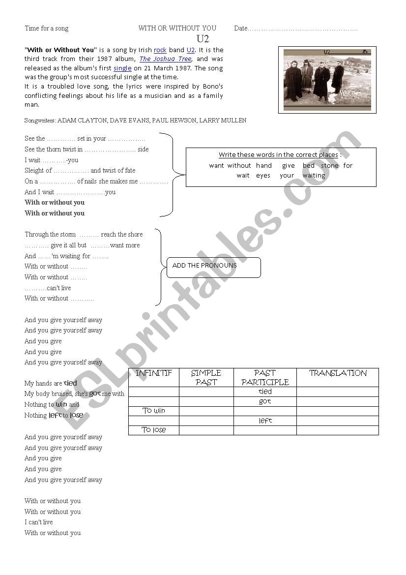 With or without you worksheet