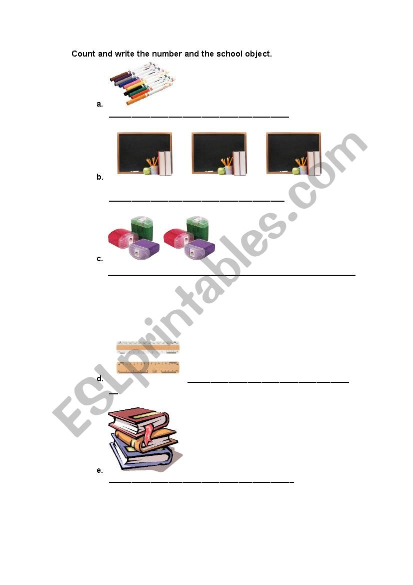 School objects and numbers worksheet