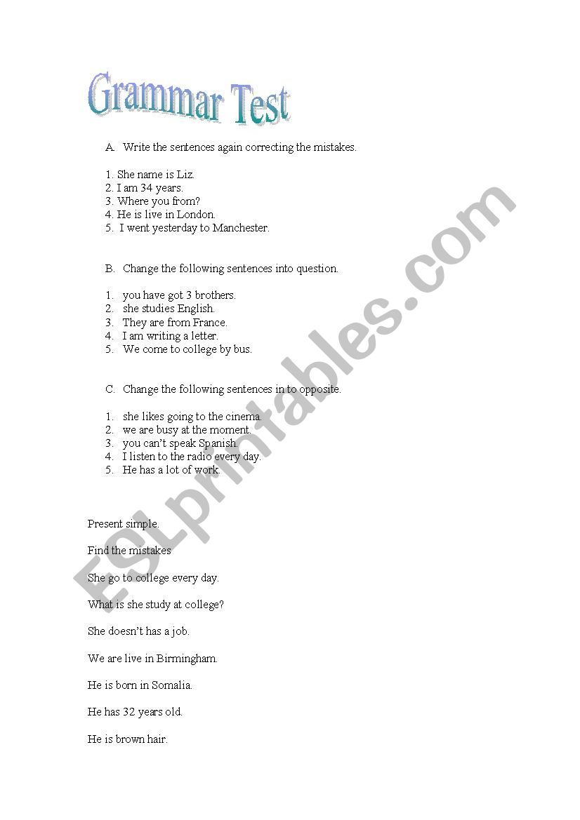 ESOL Entry 3 grammar quiz worksheet