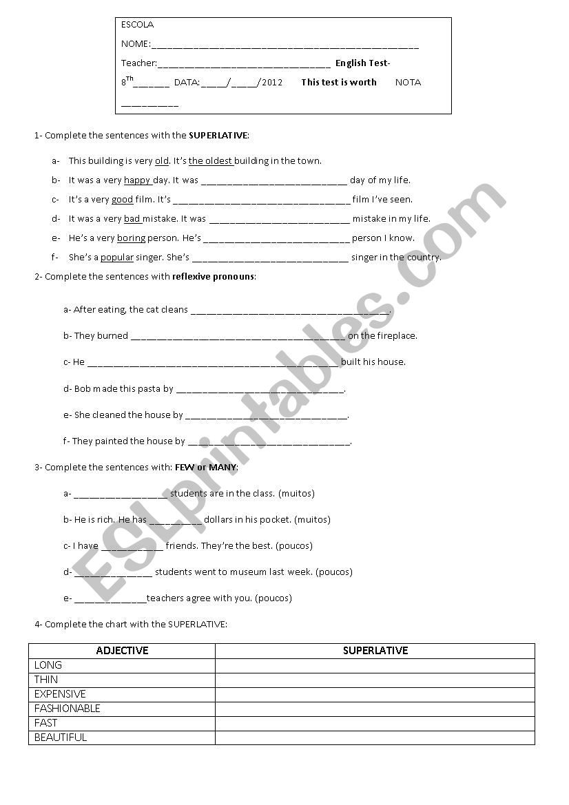 english test worksheet