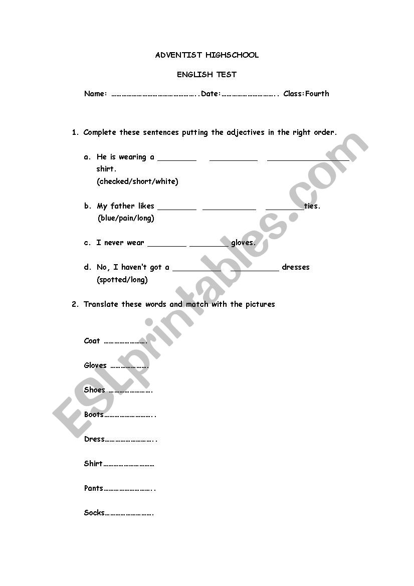 English Test worksheet