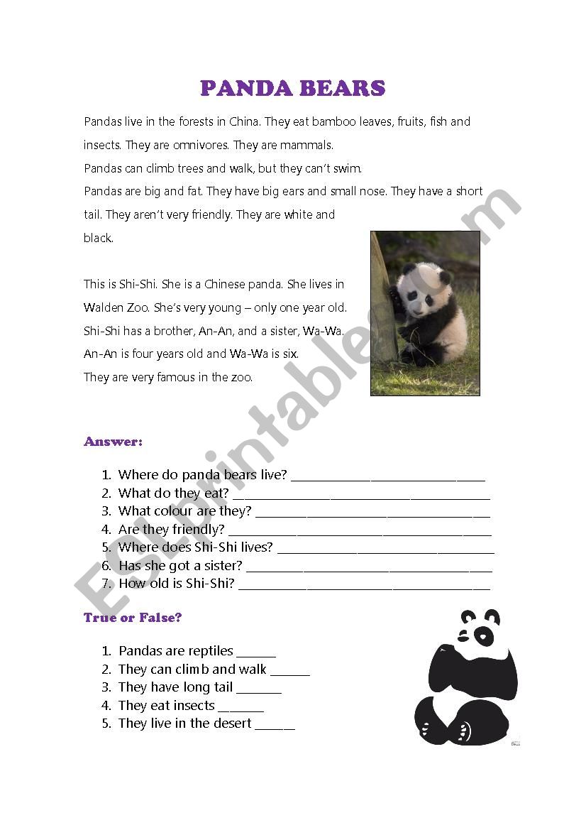 Reading- Panda bears worksheet