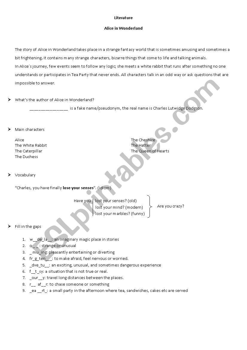 Alice in Wonderland worksheet