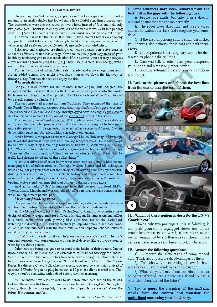 Cars of the future worksheet