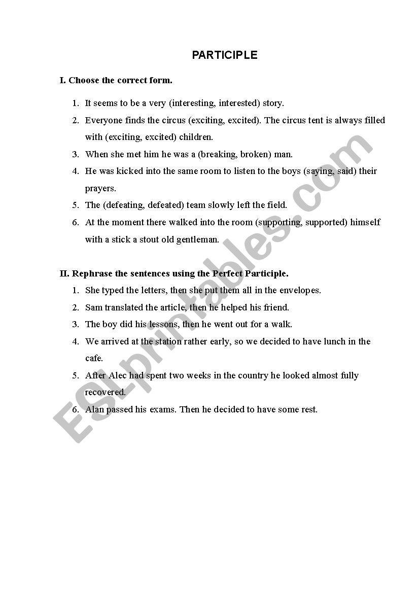 Participle worksheet