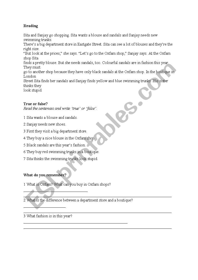 Short Reading text worksheet