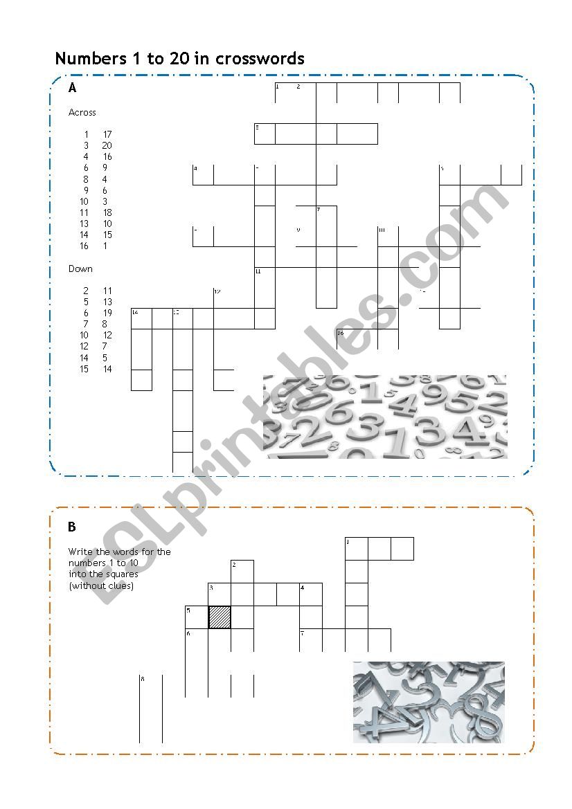 Numbers 1 to 20 in crosswords worksheet