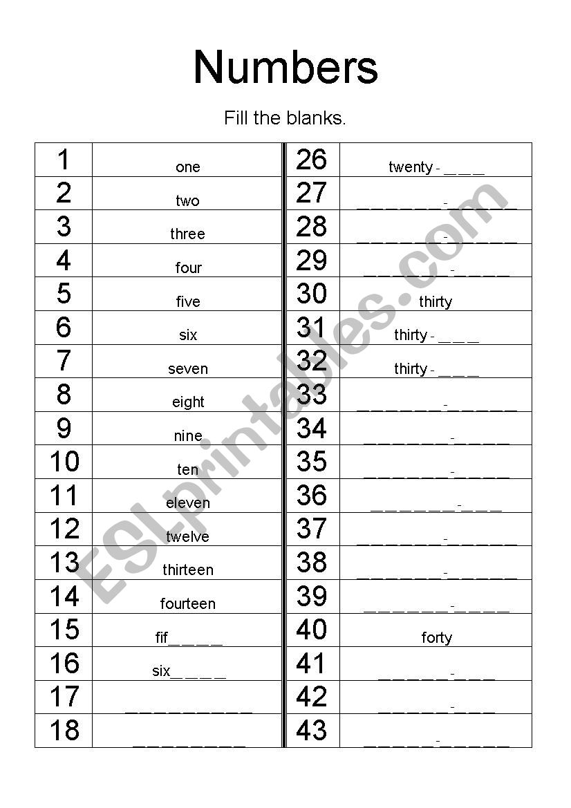 Numbers 1 to 50 worksheet