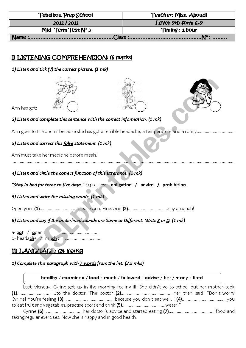 mid term test n 3 (7th form )(2012)