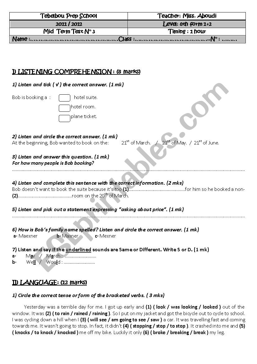 mid term test n°3 (8th form 2012)
