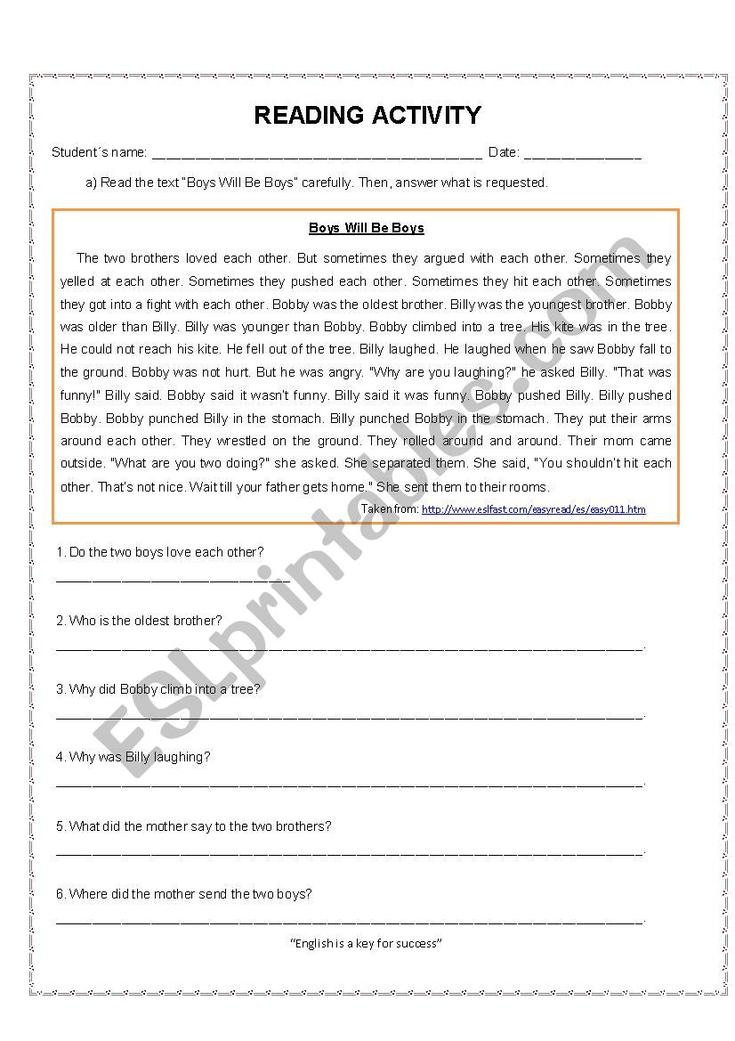 Reading Activity worksheet