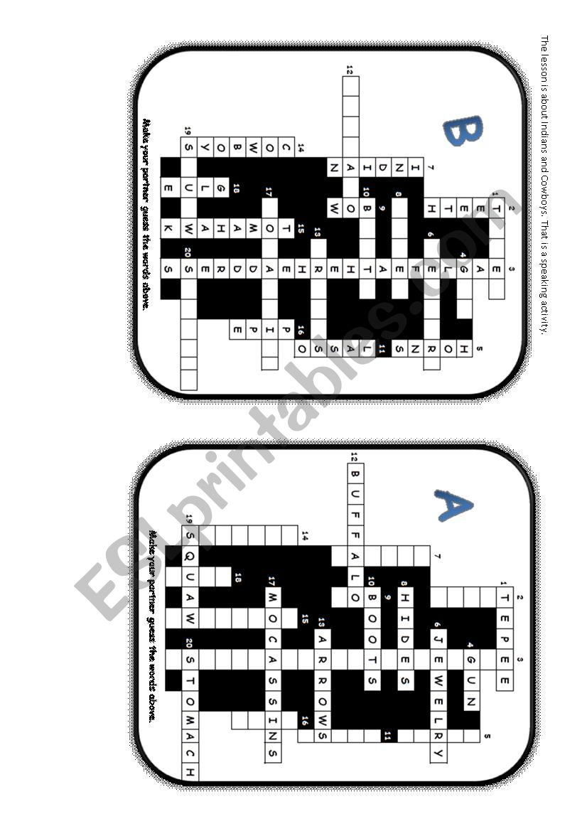 PAIRWORK - Indians and Cowboys. Crossword.