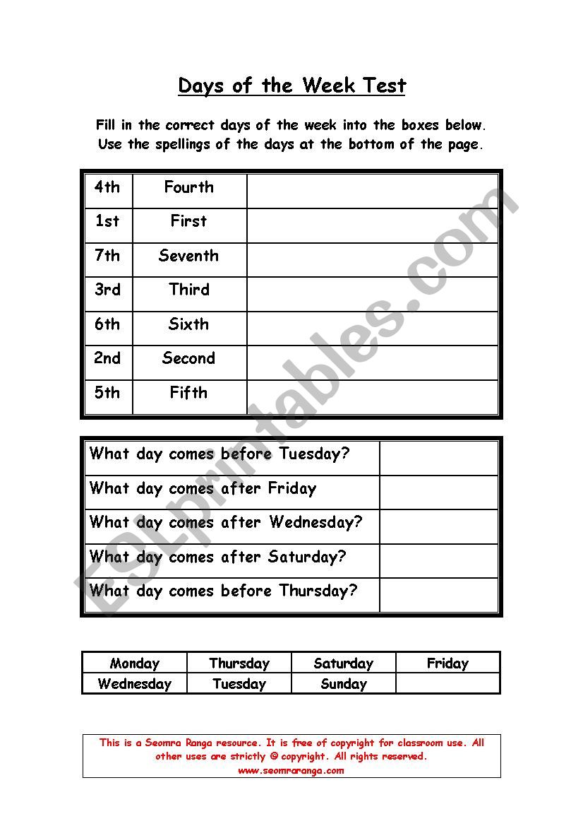 Days of the Week Test worksheet