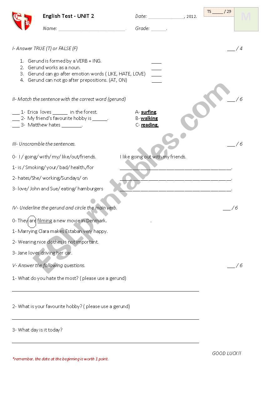 Gerund test worksheet