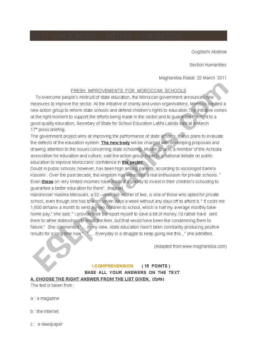 mock exam for moroccan bac students