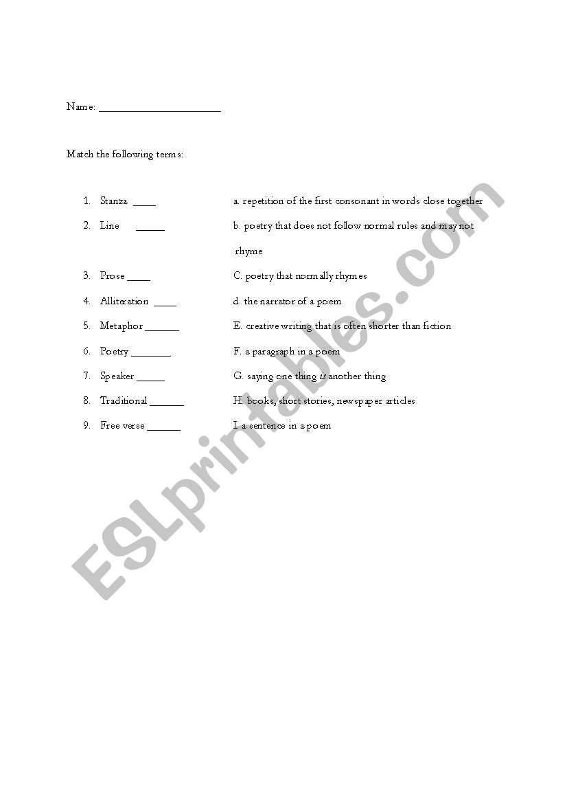 Poetic elements quiz worksheet