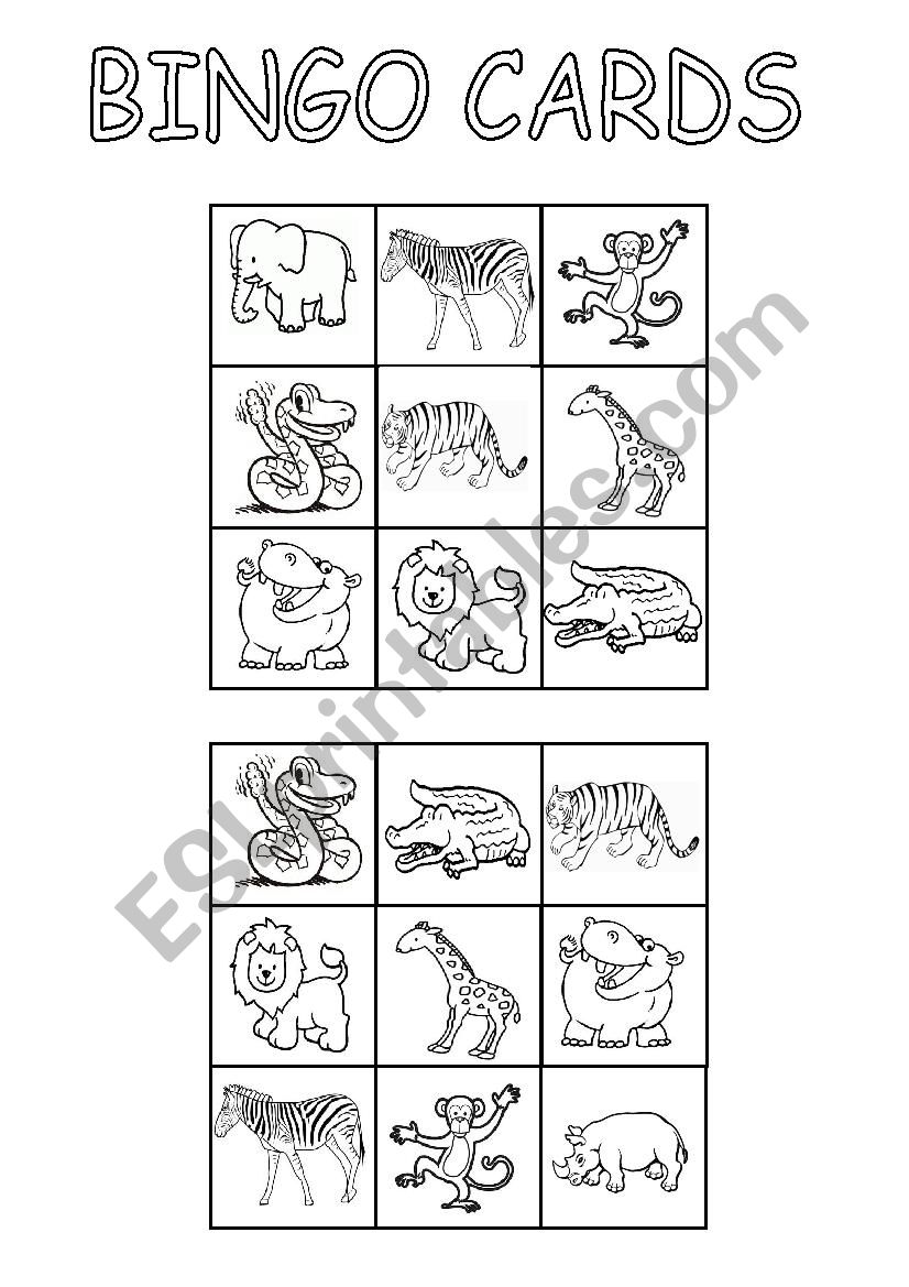 Jungle animals BINGO CARDS worksheet