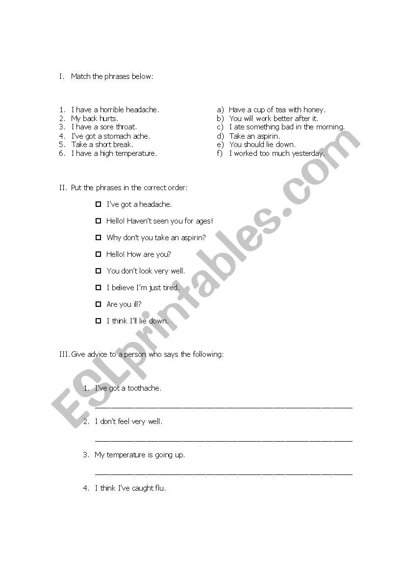 Health test worksheet