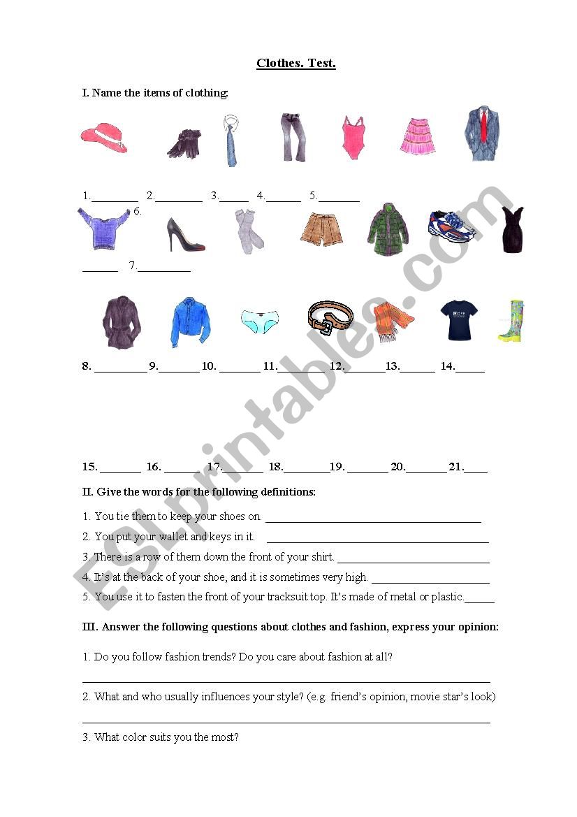 Clothes. Test. worksheet