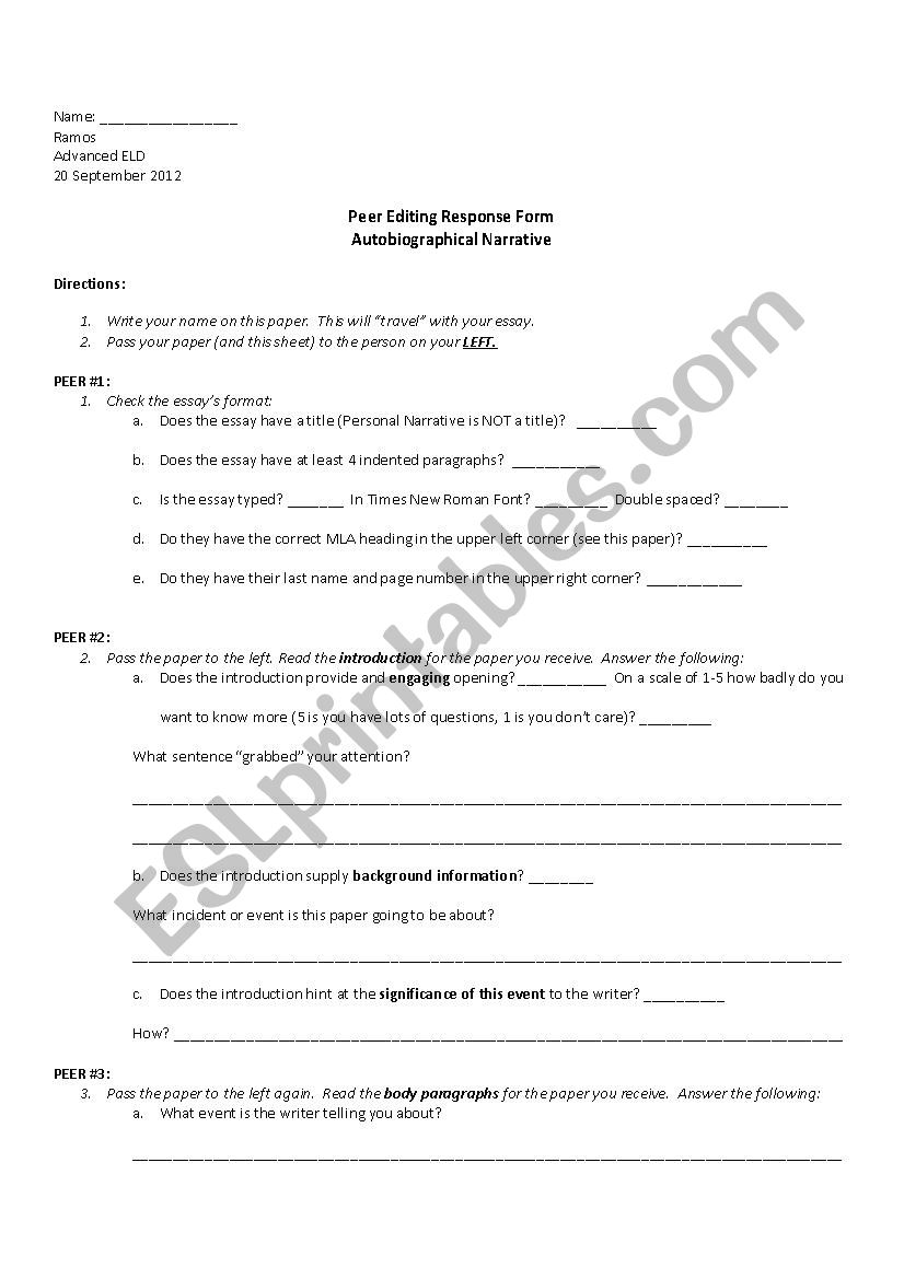 Narrative Peer Edit Sheet worksheet