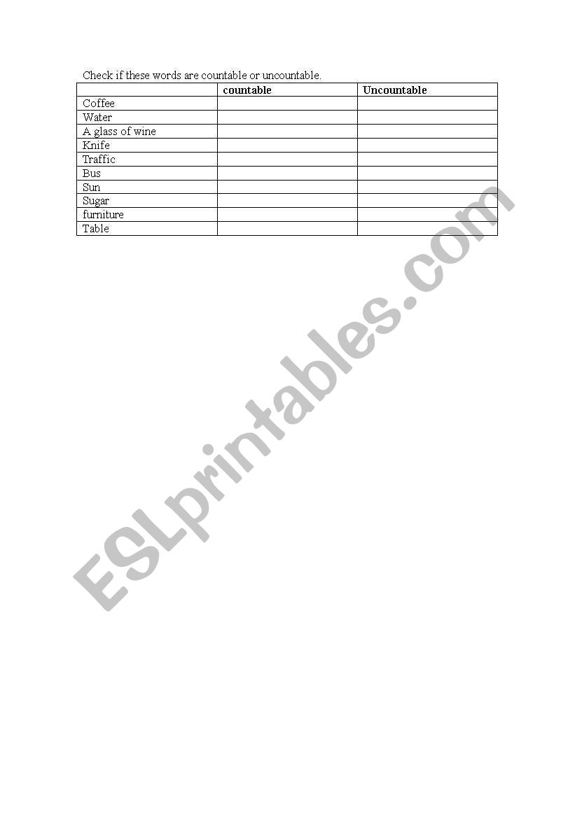 countable and uncountable worksheet