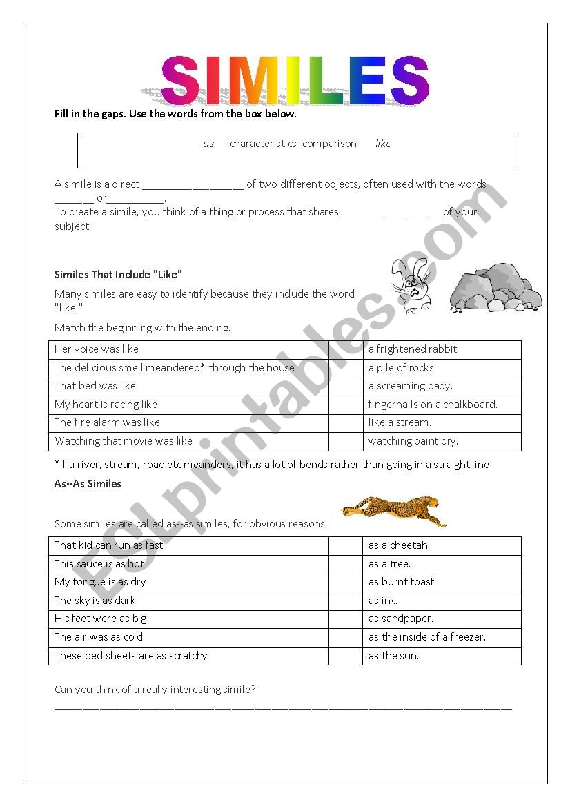 Similes worksheet