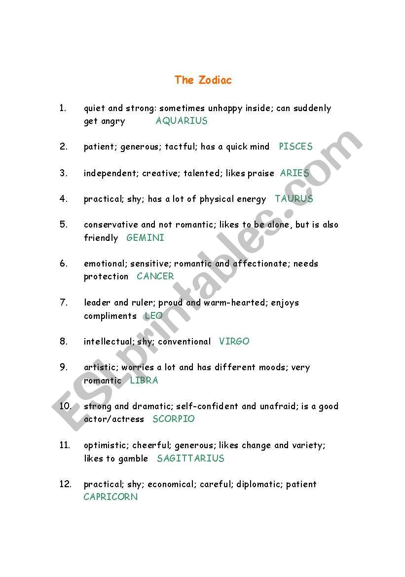 The Zodiac Signs worksheet