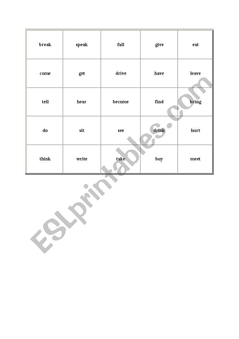 Irregular verbs - Bingo worksheet