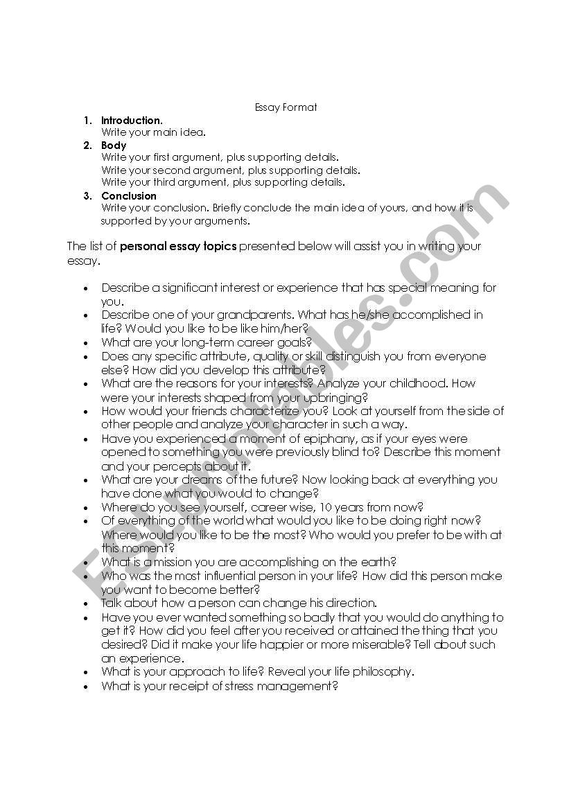 Essay Topics worksheet