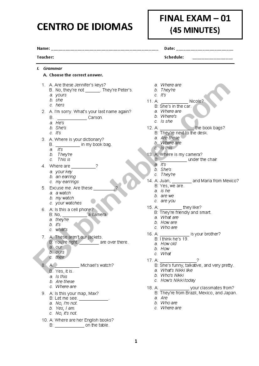 Final Exam - INTERCHANGE THIRD EDITION INTRO