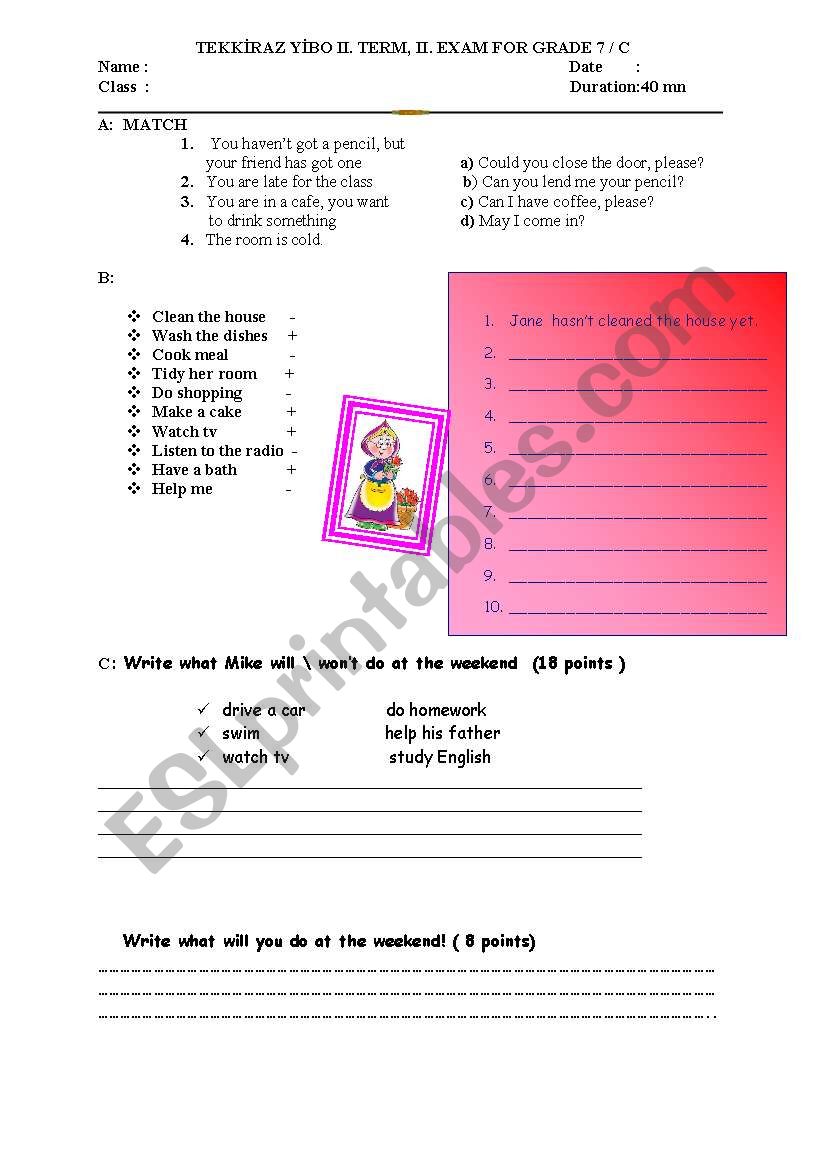 an exam for 7 th grade worksheet