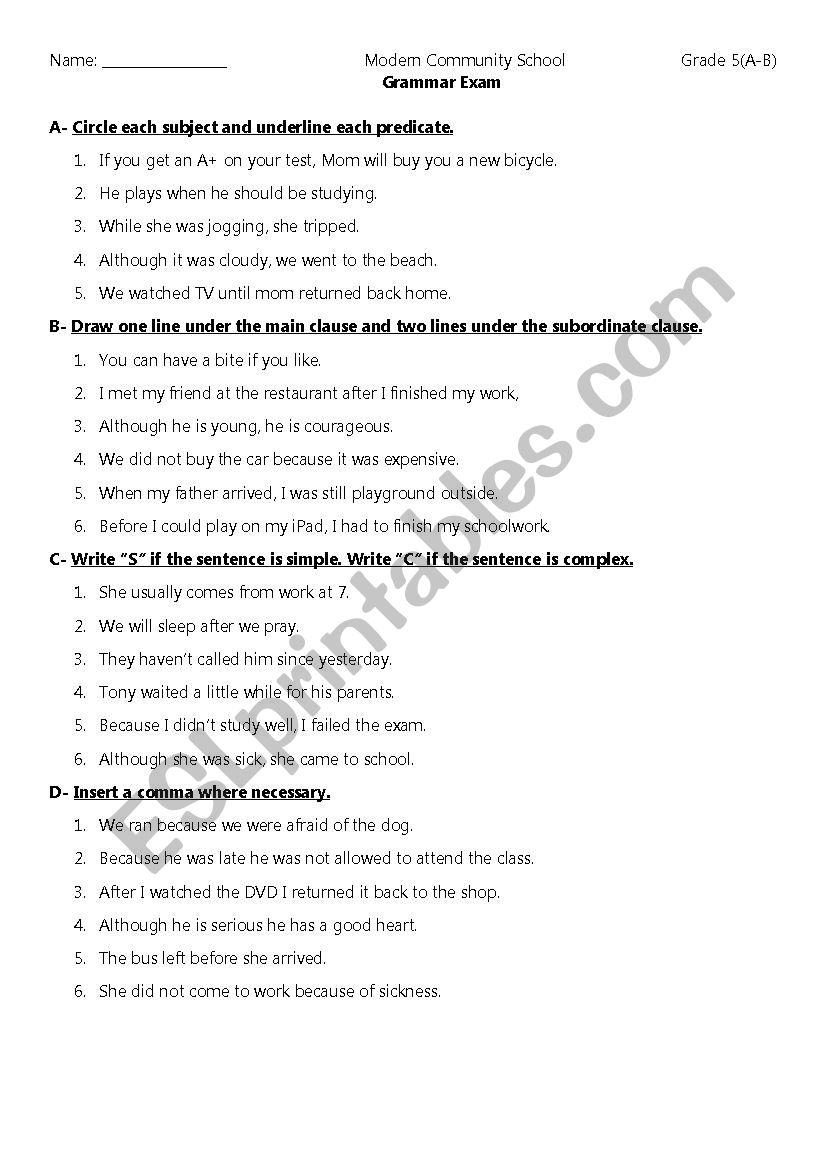 Complex Sentence worksheet