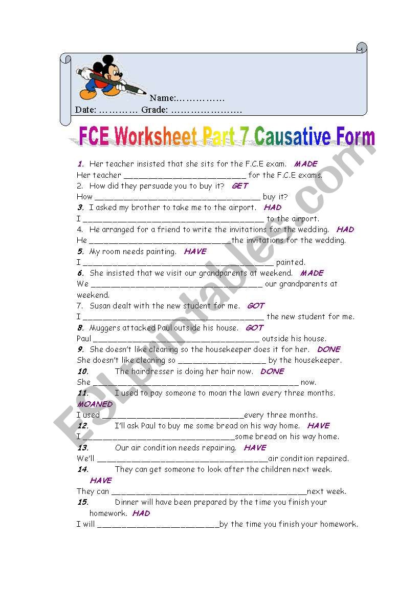 FCE Worksheet Part 7 CAUSATIVE FORM