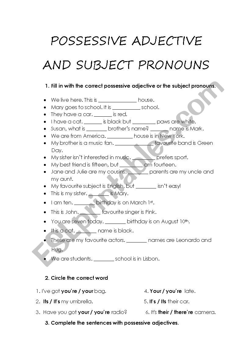 SUBJECT PRONOUNS AND POSSESSIVE ADJECTIVES