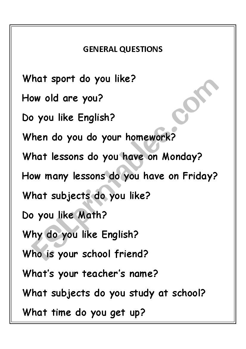 General Questions worksheet