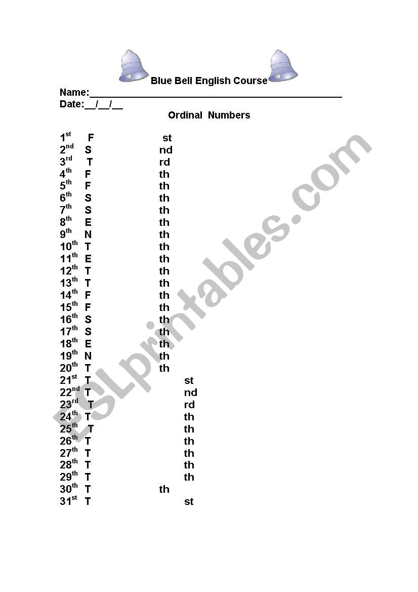 Ordinal Numbers worksheet