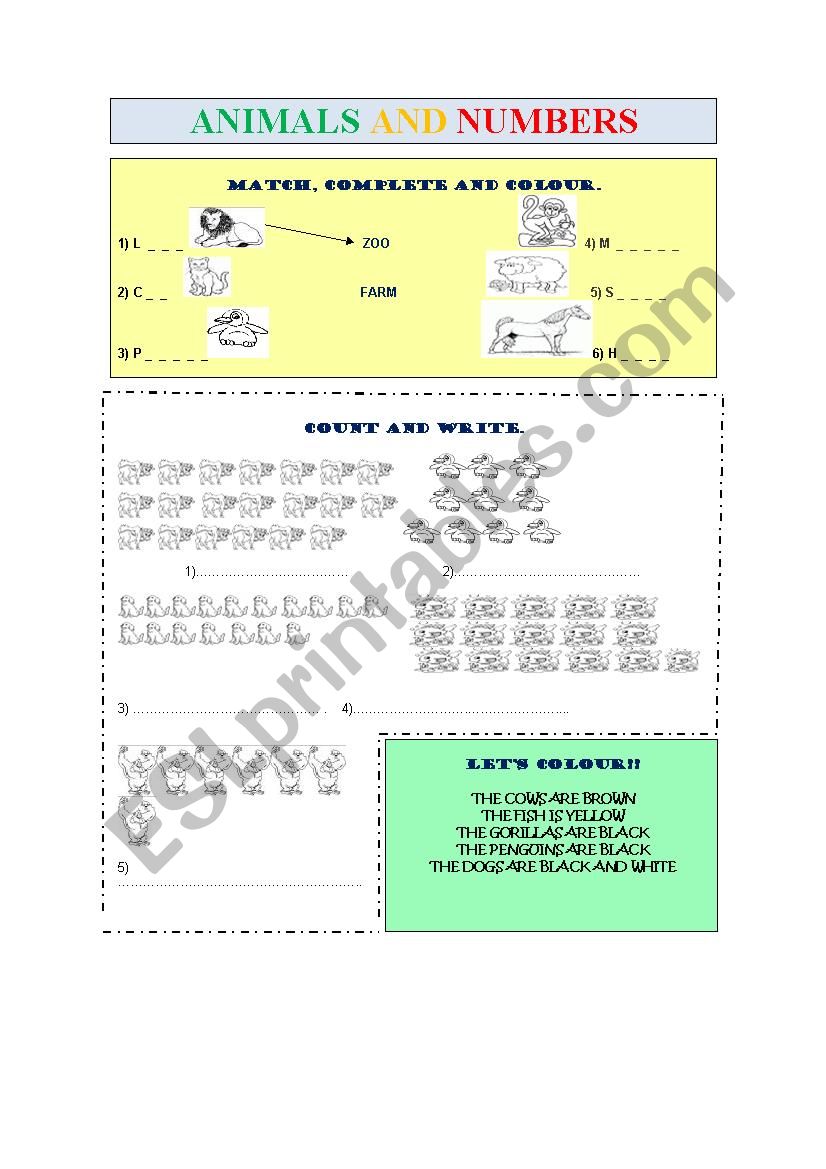 ANIMALS AND NUMBERS worksheet