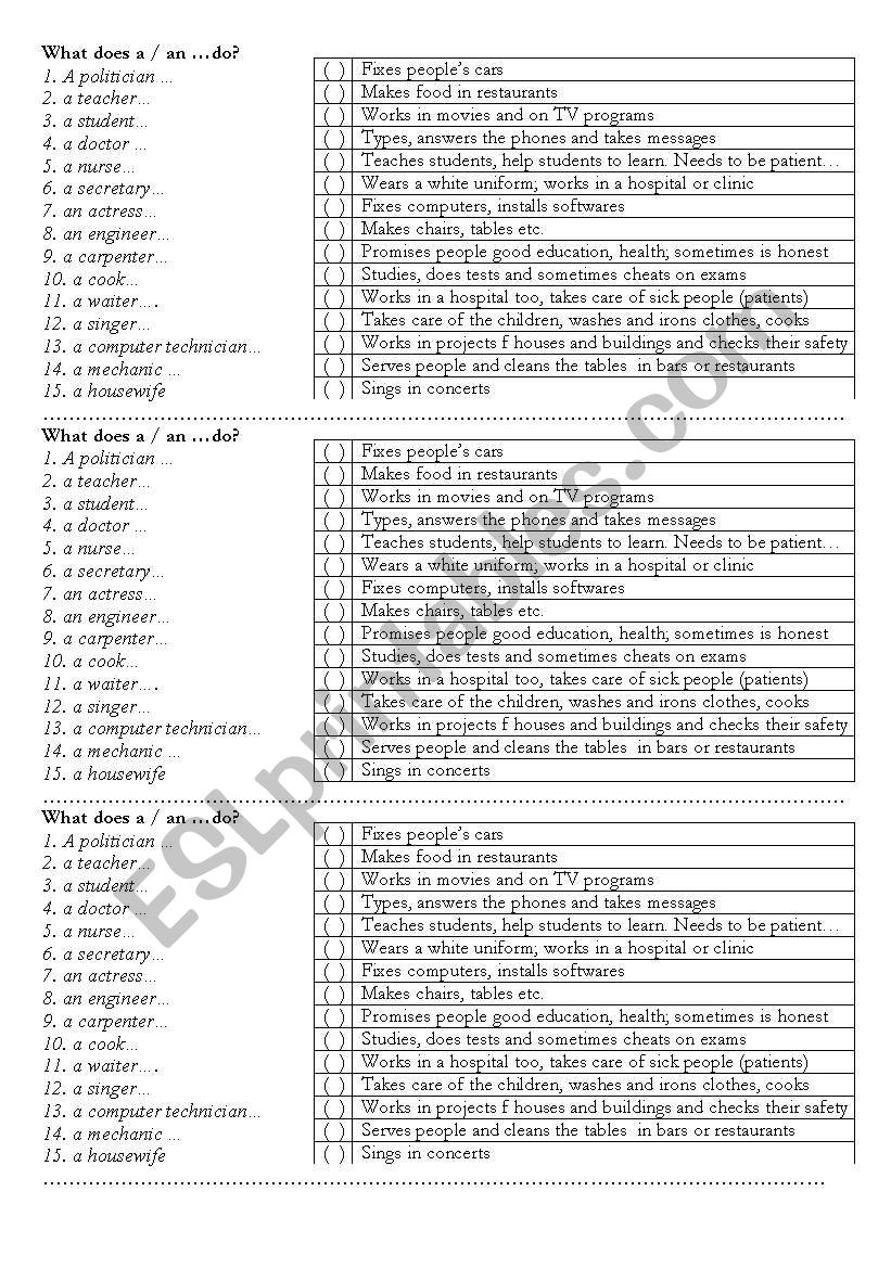 Jobs and what they do worksheet