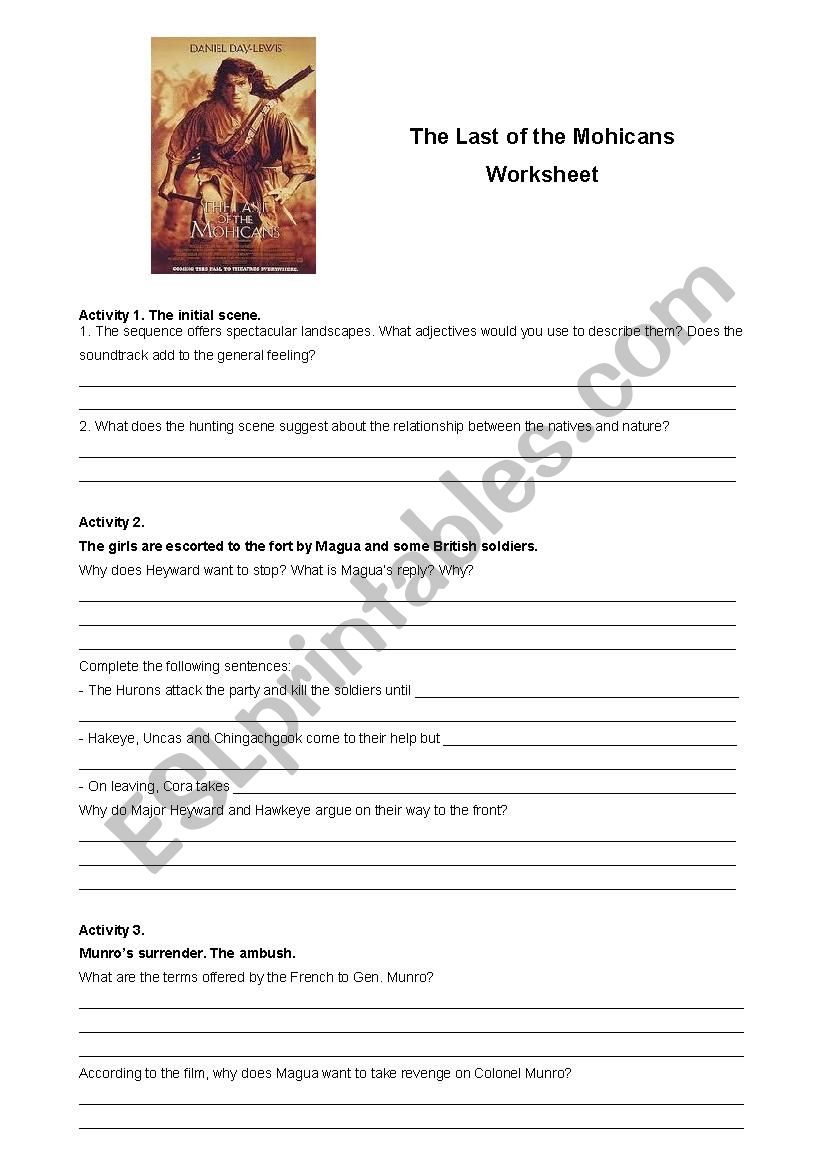 Thhe Last of the Mohicans worksheet