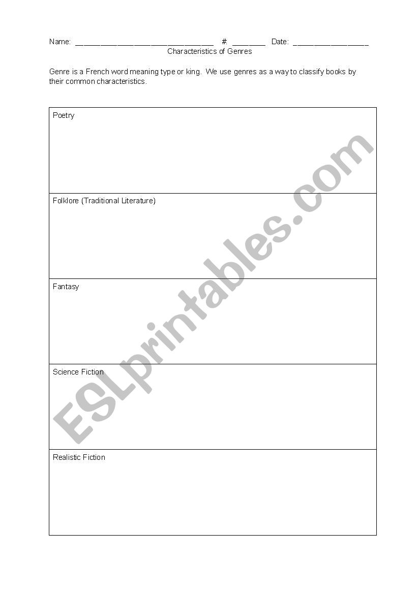 Characteristics of Genre worksheet