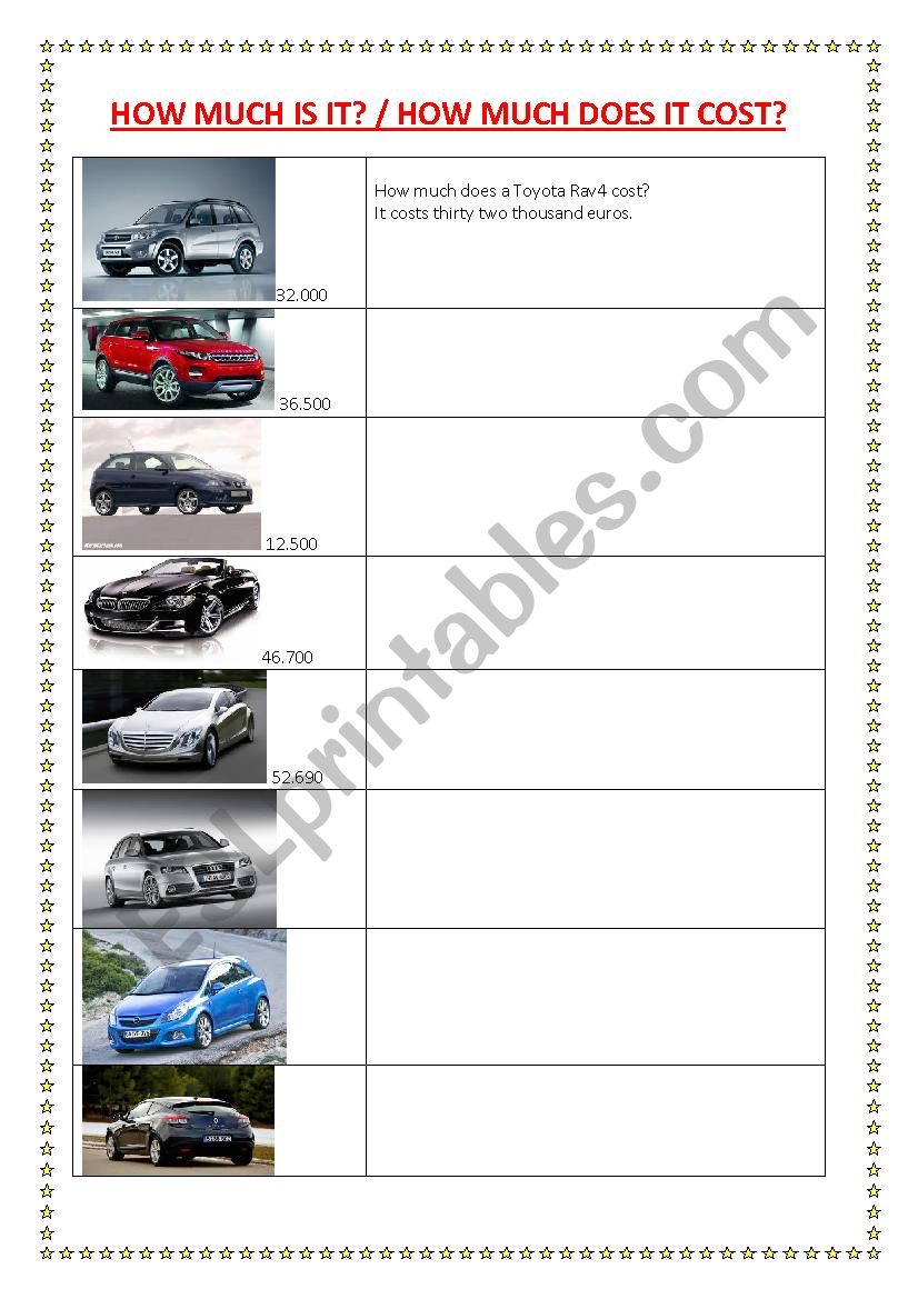 How much does this car cost? worksheet
